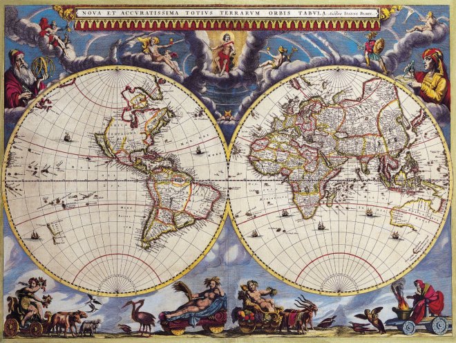 Antique Maps of the World Double Hemisphere Map Joan Blaeu c 1662